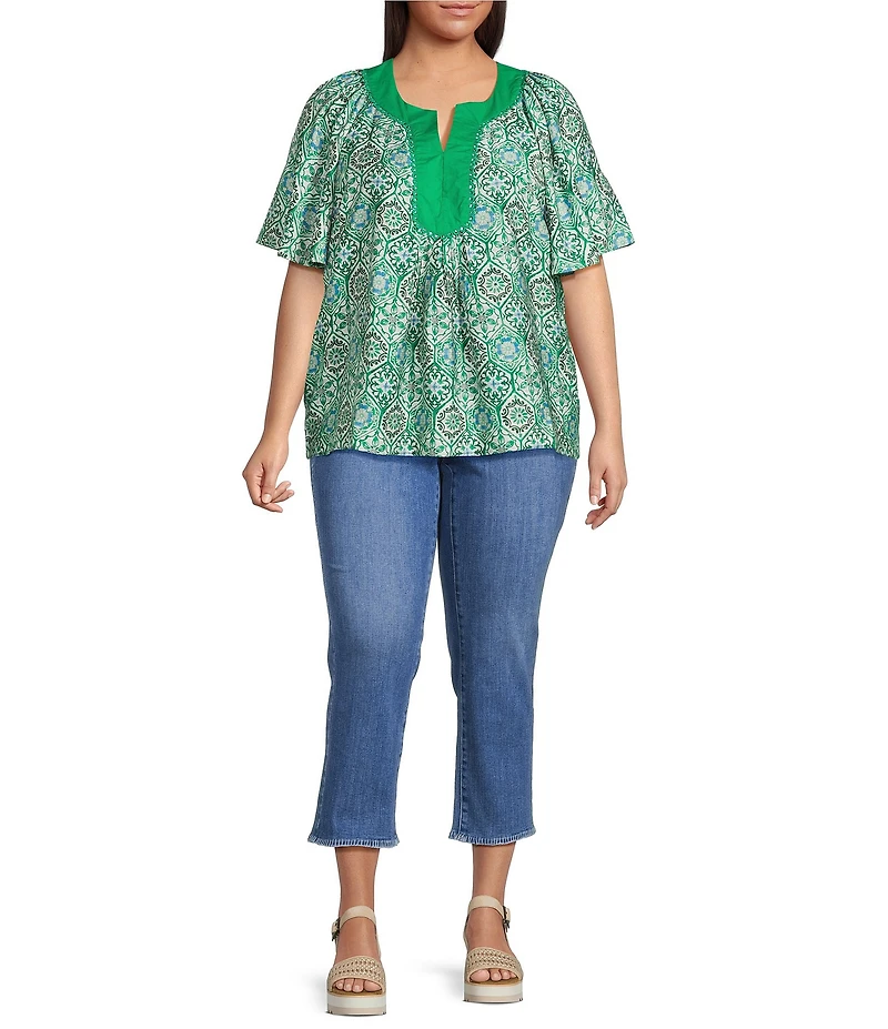 Calessa Plus Size Garden Mosaic Split Round V-Neck Short Sleeve Tunic