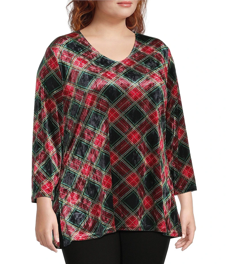 Calessa Plus Size Holiday Plaid V-Neck 3/4 Sleeve Velvet Knit Tunic