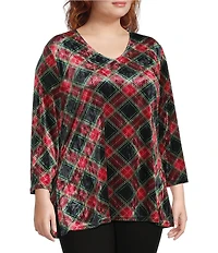 Calessa Plus Size Holiday Plaid V-Neck 3/4 Sleeve Velvet Knit Tunic