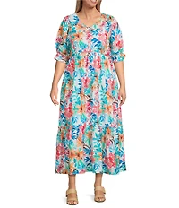 Calessa Plus Size Italian Floral Print V-Neck Long Sleeve Tiered Pull-On Shift Dress