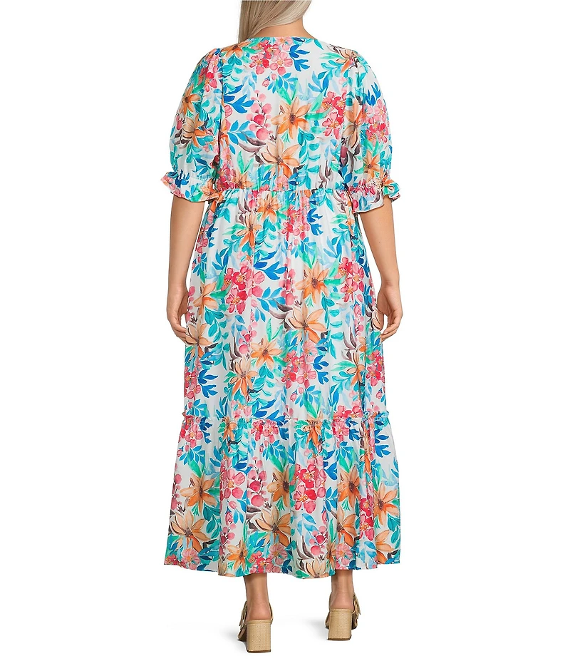 Calessa Plus Size Italian Floral Print V-Neck Long Sleeve Tiered Pull-On Shift Dress
