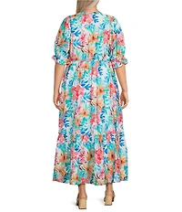 Calessa Plus Size Italian Floral Print V-Neck Long Sleeve Tiered Pull-On Shift Dress