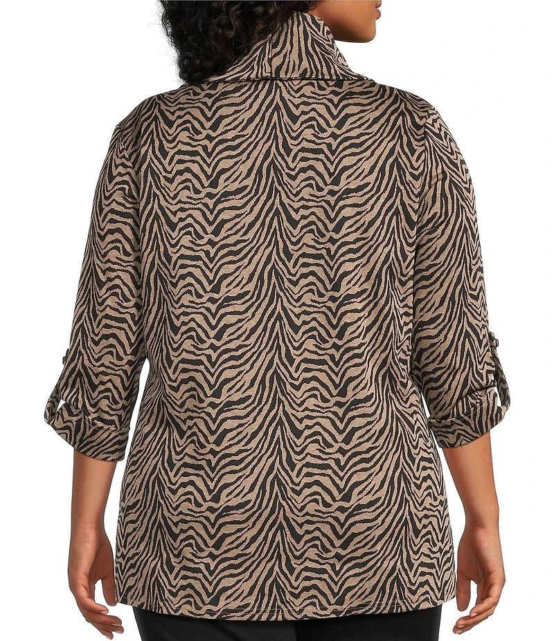 Calessa Plus Size Jacquard Knit Zebra Print Cowl Neck 3/4 Sleeve Tunic
