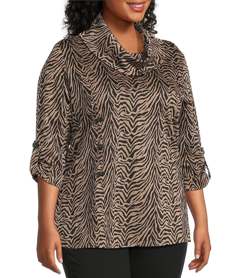 Calessa Plus Size Jacquard Knit Zebra Print Cowl Neck 3/4 Sleeve Tunic