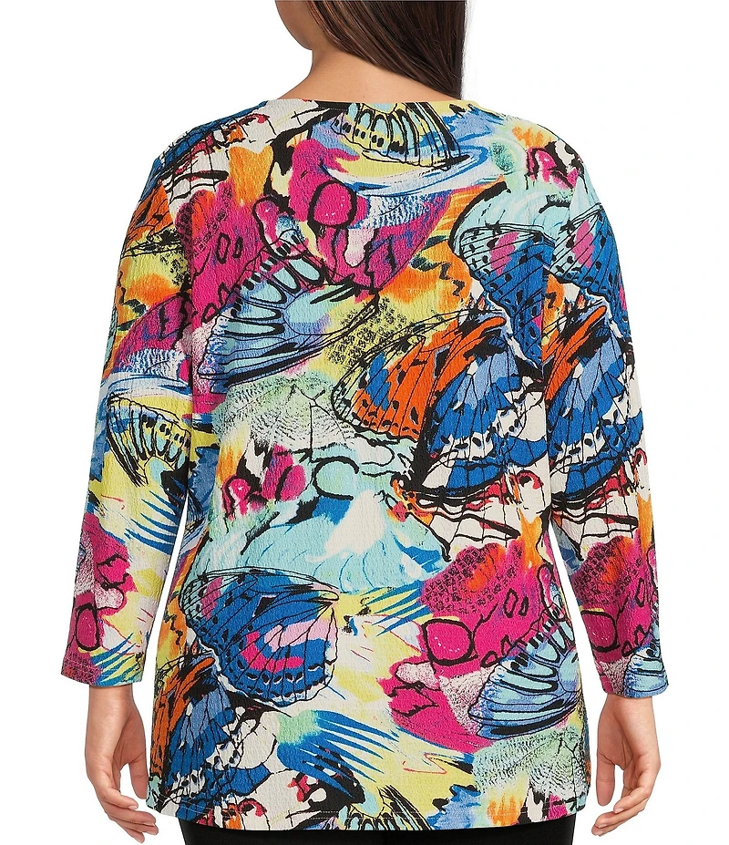 Calessa Plus Size Knit Abstract Butterfly Print Crew Neck 3/4 Sleeve Tunic