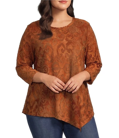 Calessa Plus Size Knit Burnout Crew Neck 3/4 Sleeve Asymmetric Hem Tunic