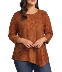 Calessa Plus Size Knit Burnout Crew Neck 3/4 Sleeve Asymmetric Hem Tunic