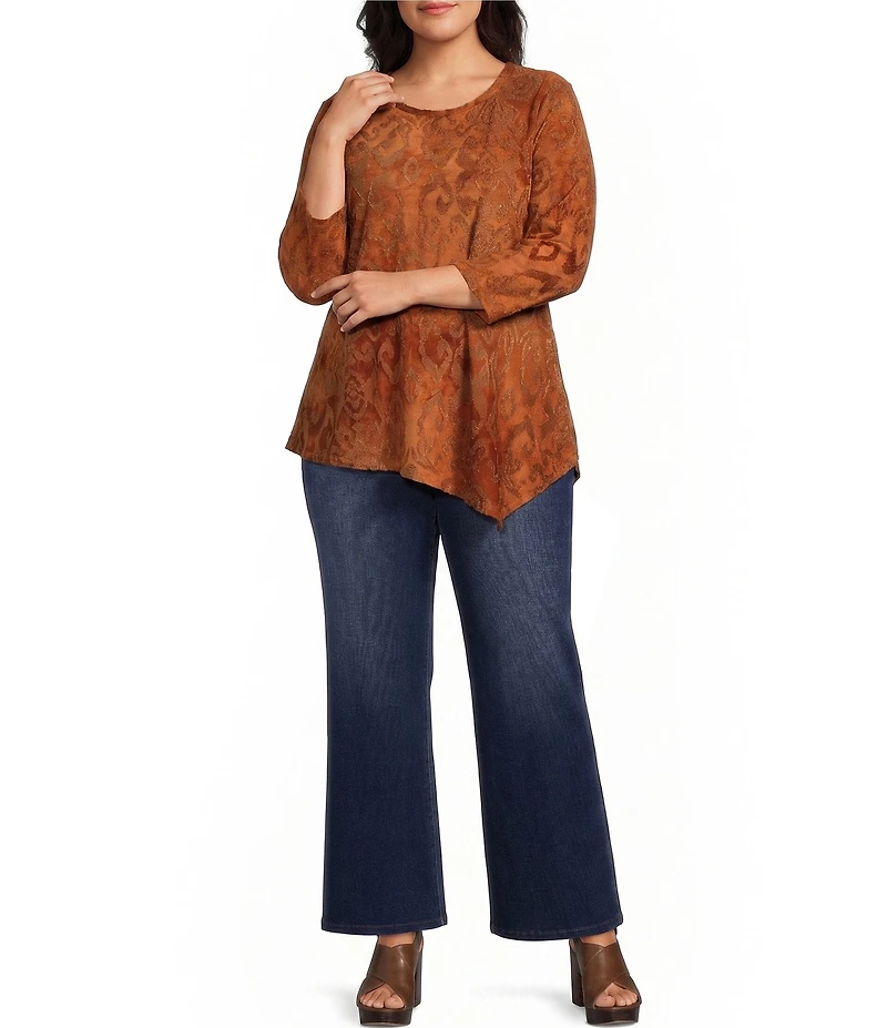 Calessa Plus Size Knit Burnout Crew Neck 3/4 Sleeve Asymmetric Hem Tunic