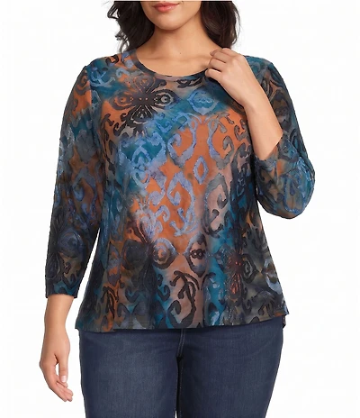 Calessa Plus Size Knit Burnout Round Neck 3/4 Sleeve Coordinating Tunic