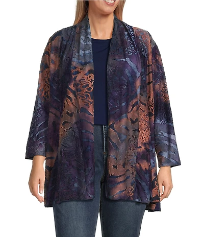 Calessa Plus Size Knit Burnout Tie-Dye Print Wrist Sleeve Open-Front Cardigan