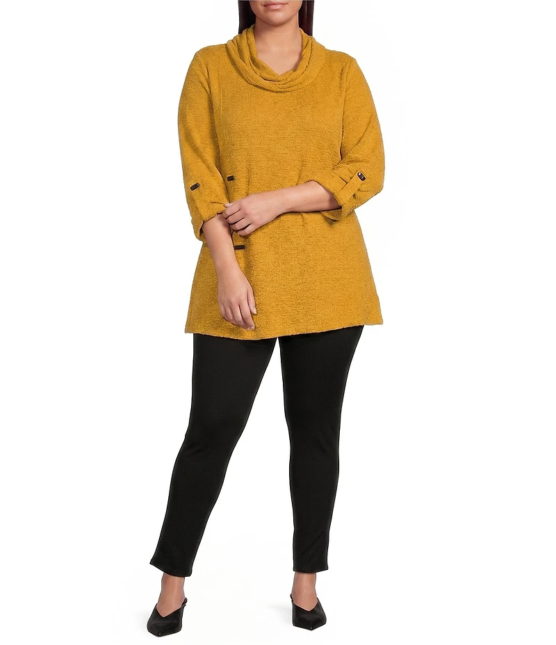 Calessa Plus Size Knit Cowl Neck 3/4 Roll-Tab Sleeve Tunic