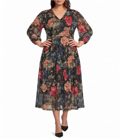 Calessa Plus Size Knit Floral V-Neck 3/4 Sleeve Maxi Dress