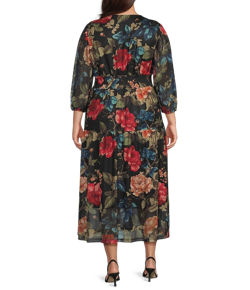 Calessa Plus Size Knit Floral V-Neck 3/4 Sleeve Maxi Dress