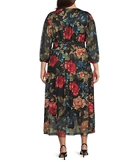 Calessa Plus Size Knit Floral V-Neck 3/4 Sleeve Maxi Dress