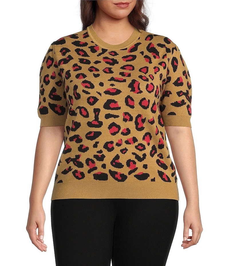 Calessa Plus Size Knit Intarsia Animal Print Round Neck Short Sleeve Contrast Trim Sweater