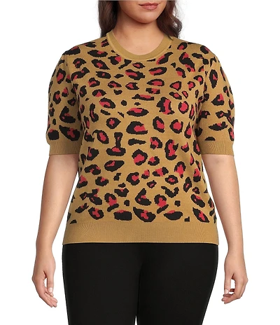 Calessa Plus Size Knit Intarsia Animal Print Round Neck Short Sleeve Contrast Trim Sweater