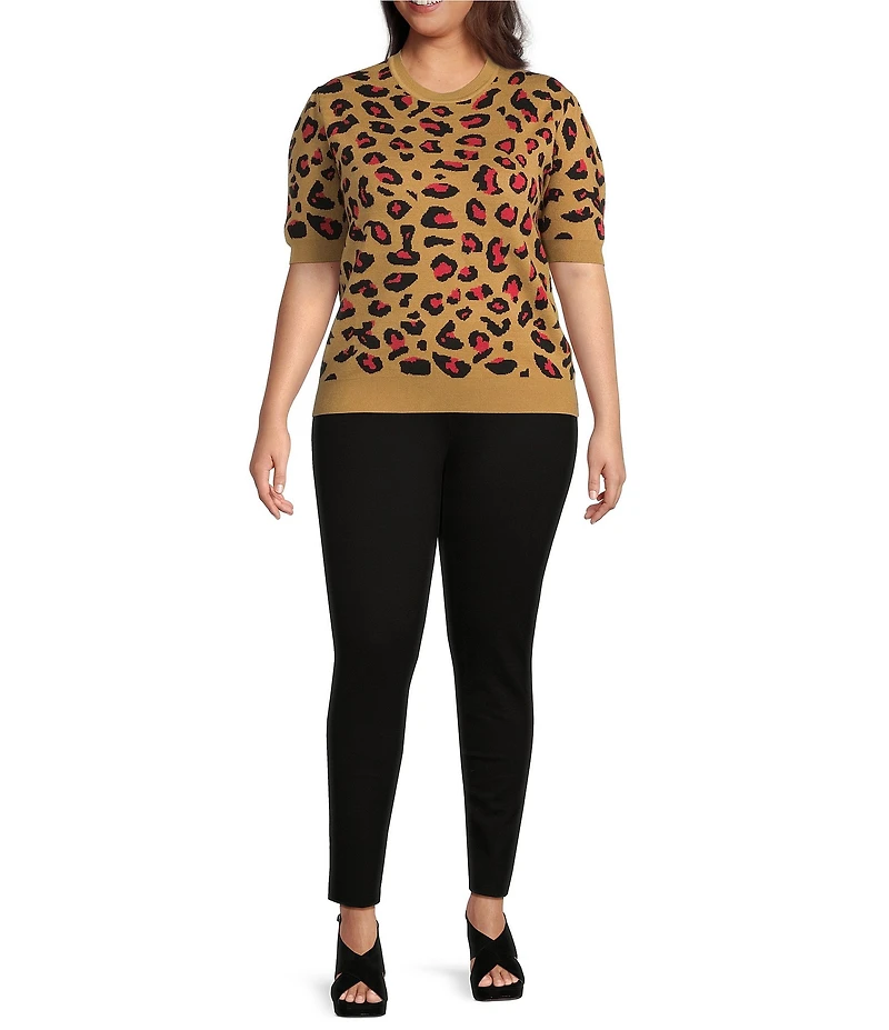 Calessa Plus Size Knit Intarsia Animal Print Round Neck Short Sleeve Contrast Trim Sweater