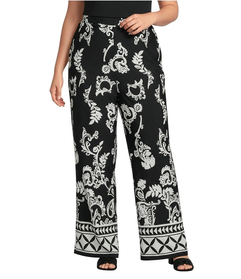 Calessa Plus Size Knit Jersey Mosaic Border Print High Rise Wide Leg Pants