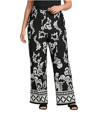 Calessa Plus Size Knit Jersey Mosaic Border Print High Rise Wide Leg Pants