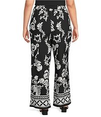 Calessa Plus Size Knit Jersey Mosaic Border Print High Rise Wide Leg Pants