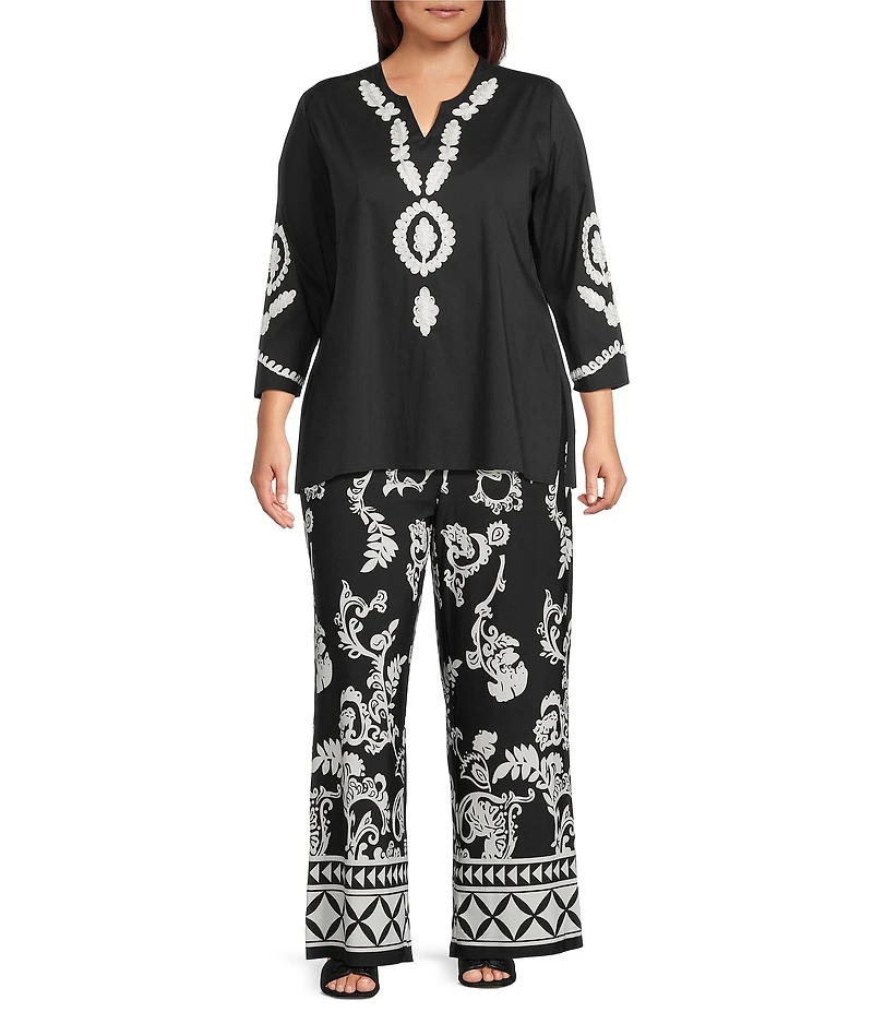 Calessa Plus Size Knit Jersey Mosaic Border Print High Rise Wide Leg Pants