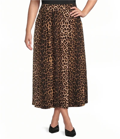 Calessa Plus Size Knit Leopard Print Pull-On A-Line Midi Skirt