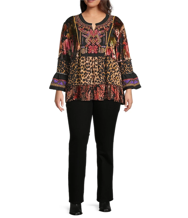 Calessa Plus Size Knit Mixed Media Patchwork V-Neck 3/4 Sleeve Tunic
