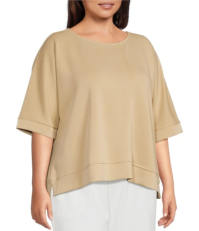 Calessa Plus Size Knit Modal Stripe Round Neck Elbow Length Sleeve Tunic