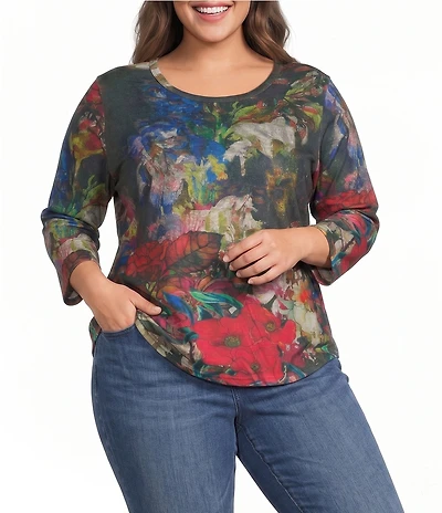 Calessa Plus Size Knit Multicolor Digital Crew Neck 3/4 Sleeve Top