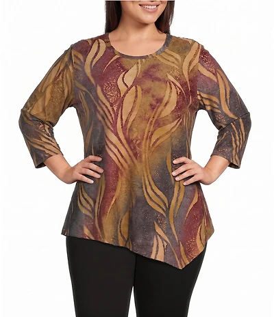 Plus Size Knit Print Scoop Neck 3/4 Sleeve Asymmetric Top