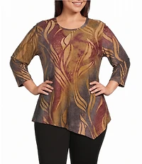 Plus Size Knit Print Scoop Neck 3/4 Sleeve Asymmetric Top