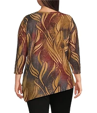 Plus Size Knit Print Scoop Neck 3/4 Sleeve Asymmetric Top
