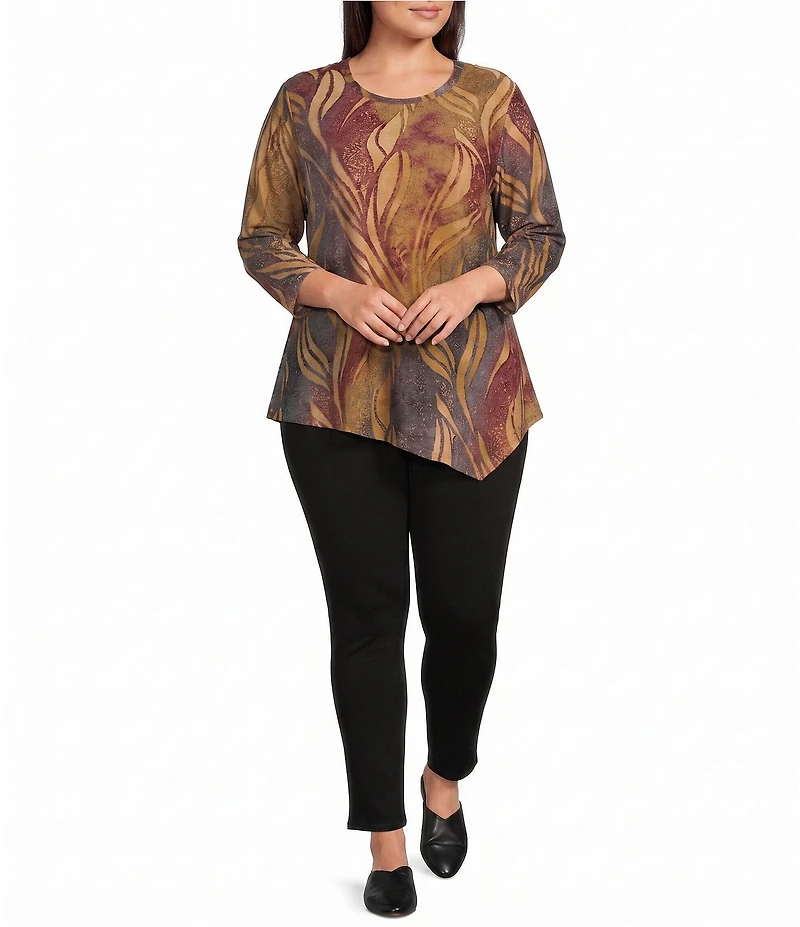 Plus Size Knit Print Scoop Neck 3/4 Sleeve Asymmetric Top
