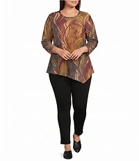 Plus Size Knit Print Scoop Neck 3/4 Sleeve Asymmetric Top