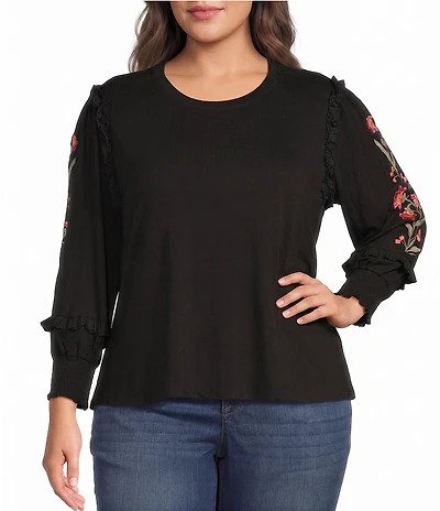 Calessa Plus Size Knit Round Neck Embroidered Long Sleeve Blouse
