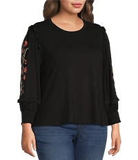 Calessa Plus Size Knit Round Neck Embroidered Long Sleeve Blouse