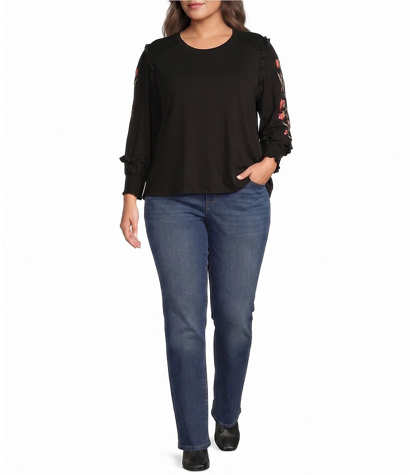 Calessa Plus Size Knit Round Neck Embroidered Long Sleeve Blouse