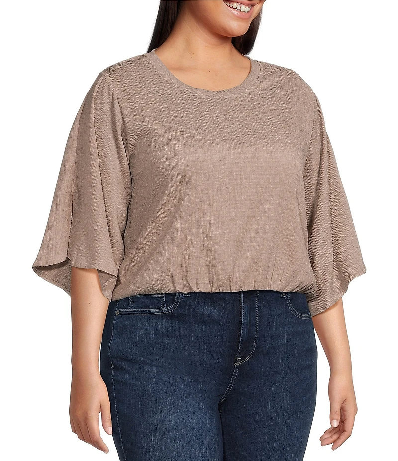 Calessa Plus Size Knit Round Neck Elbow Length Sleeve Elastic Hem Top