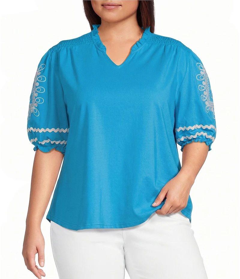Calessa Plus Size Knit Split Neck Embroidered Elbow Length Balloon Sleeve Top