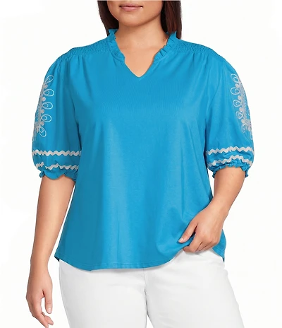 Calessa Plus Size Knit Split Neck Embroidered Elbow Length Balloon Sleeve Top