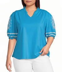 Calessa Plus Size Knit Split Neck Embroidered Elbow Length Balloon Sleeve Top