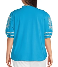 Calessa Plus Size Knit Split Neck Embroidered Elbow Length Balloon Sleeve Top