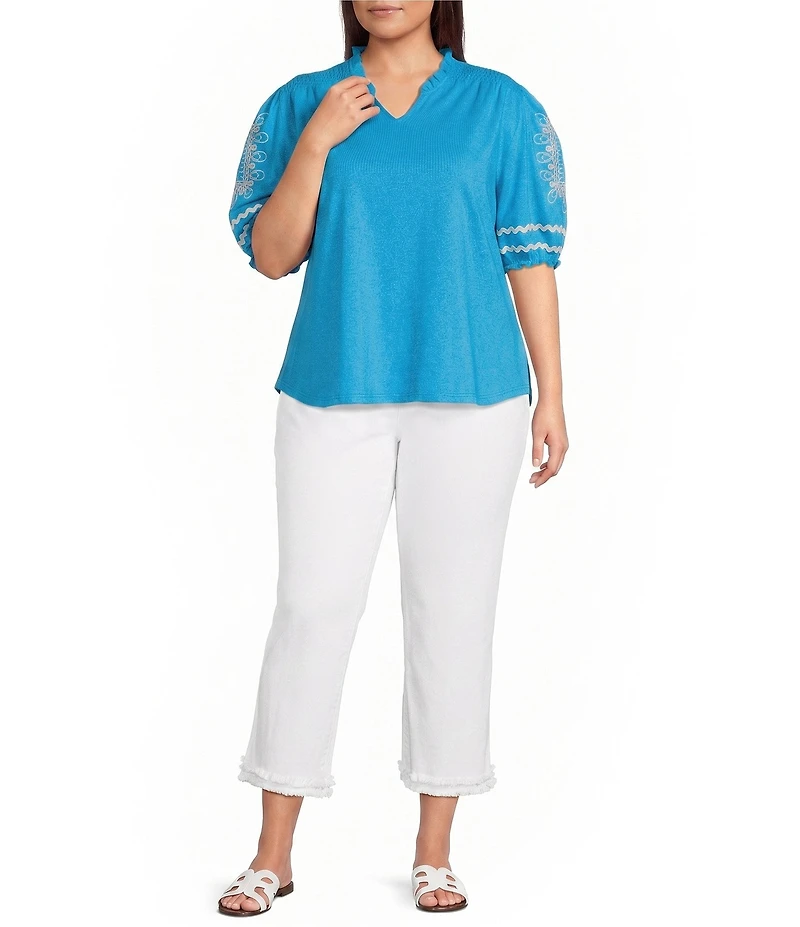 Calessa Plus Size Knit Split Neck Embroidered Elbow Length Balloon Sleeve Top