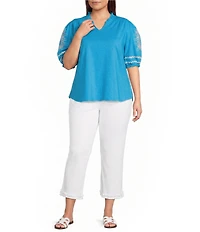 Calessa Plus Size Knit Split Neck Embroidered Elbow Length Balloon Sleeve Top