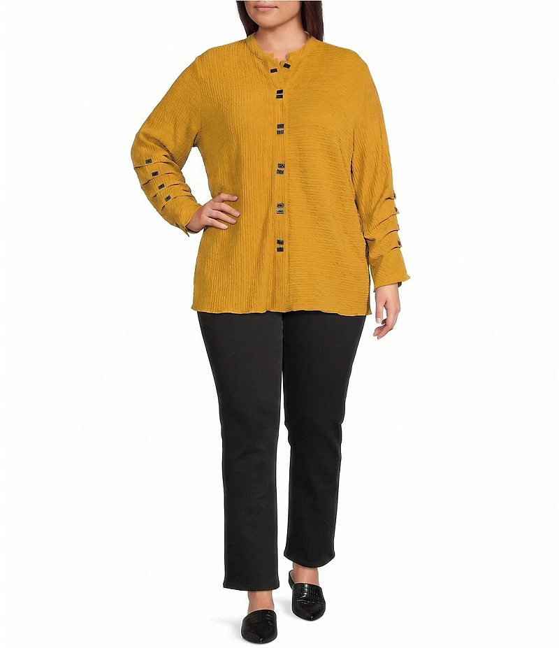 Calessa Plus Size Knit Split Round Neck Long Sleeve Button Front Tunic