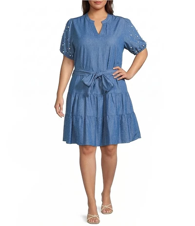 Calessa Plus Size Knit Split V-Neck Beaded Short Balloon Sleeve A-Line Belted Dress