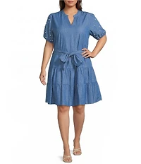 Calessa Plus Size Knit Split V-Neck Beaded Short Balloon Sleeve A-Line Belted Dress
