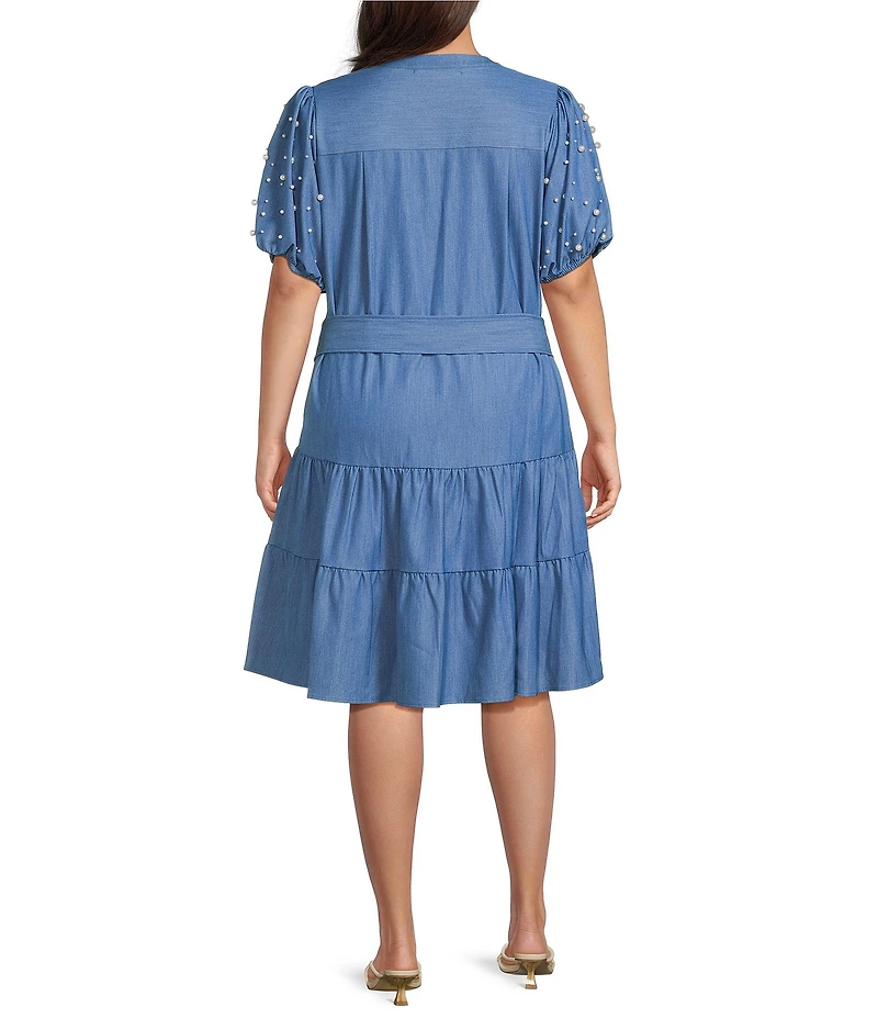Calessa Plus Size Knit Split V-Neck Beaded Short Balloon Sleeve A-Line Belted Dress