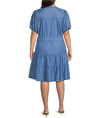 Calessa Plus Size Knit Split V-Neck Beaded Short Balloon Sleeve A-Line Belted Dress