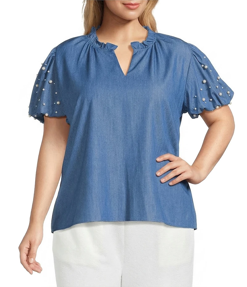 Calessa Plus Size Knit Split V-Neck Beaded Short Puff Balloon Sleeve Tunic